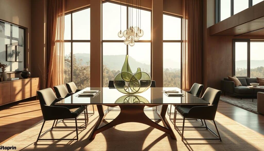 glass artwork in dining room